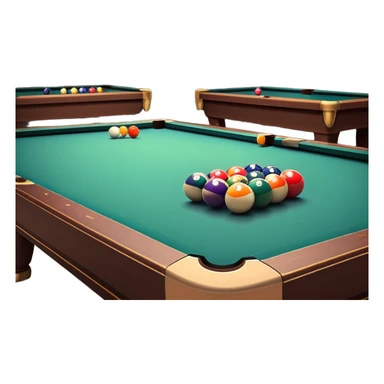 A well-arranged pool table with colorful billiard balls neatly placed, and a cue stick poised to take a shot. The setting is a dimly lit room with a focused atmosphere, highlighting the precision and strategy involved in the game of billiards. sticker