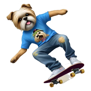 shi tzu wearing jnco jeans and limp bizkit graphic tee while skateboarding and doing a kickflip sticker
