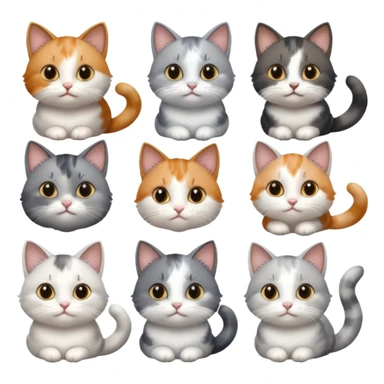 6 realistic looking cats with different natural coloured coats, assorted grey and white, greys, calico, brown and white colours etc
 sticker