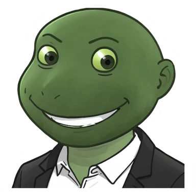 Fat white man, black hair parted in the middle to the shoulders smiling, white shirt and black jacket sticker