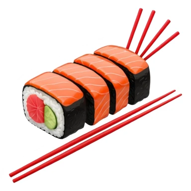 Japanese cuisine humanless avatar in minimalist emoji-style illustration. Sushi, roll and 2 chopsticks, clean lines, red white colors, flat design, calm and modern. sticker