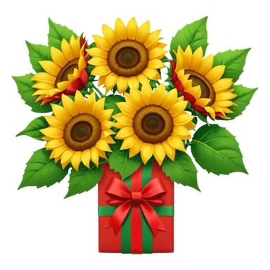 bouquet of sunflower with red bow and red wrapping paper sticker