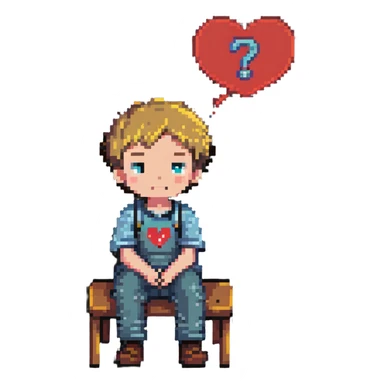 boy sitting, looking thoughtful, with a thought bubble containing a heart and question mark sticker