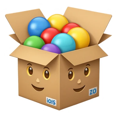 cardboard box with toys, sticker