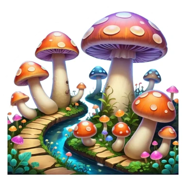  "A whimsical mushroom world filled with giant glowing mushrooms, soft bioluminescent spores floating through the air, and friendly oversized snails with colorful spiral shells exploring the landscape. Fantasy atmosphere, vibrant colors, dreamy lighting, highly detailed sticker