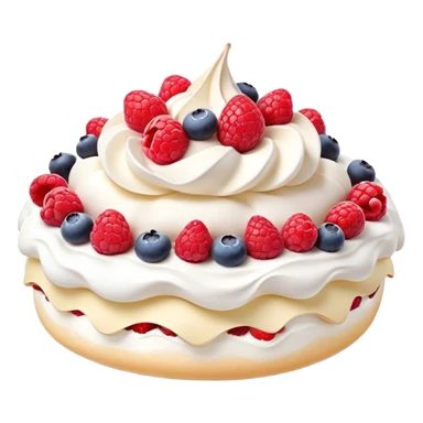 Cinematic Realistic Pavlova Dessert Emoji, showcasing a delicate meringue dessert topped with fresh fruit rendered with lifelike texture and soft natural lighting. sticker