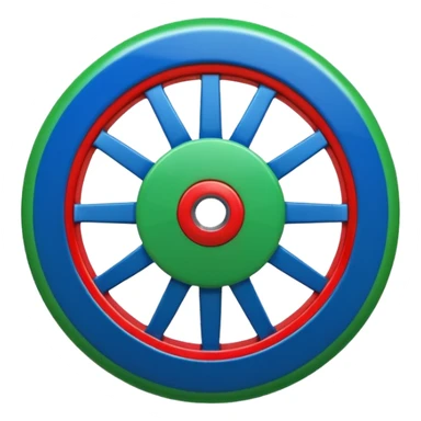 Glossy 3D emoji, blue top, green bottom, large red spoked wheel in center. Geometric symbol, no face. sticker