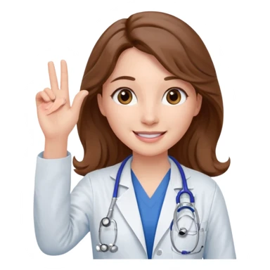 Barbie like emoji of a white woman with brown eyes and long wavy brown hair wearing blue scrubs, white lab coat, pink stethoscope, and raising one hand and a warm smile sticker