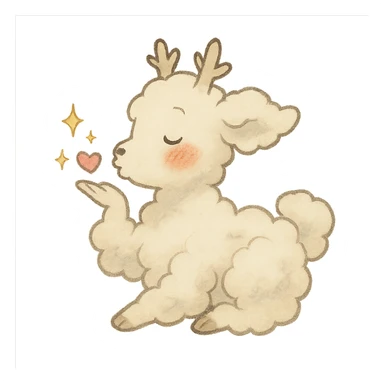 vanilla-colored cloud doe blowing a kiss with sparkles and rosy cheeks, soft Ghibli style sticker