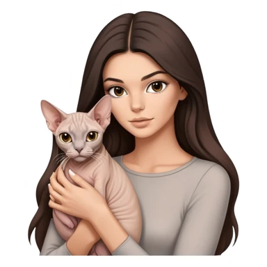 brunette Kendall Jenner with long hair holding on the hands a white Sphynx cat and a grey Sphynx sticker