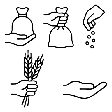 Hand Gestures Icons. Gestures icons in outline style: hand lifting sack, hand tying sack, hand pouring grains, hand holding wheat bundle, hand sticker