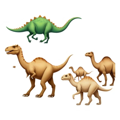 A white cat chasing a T-Rex in the desert with a herd of camels staring at them sticker