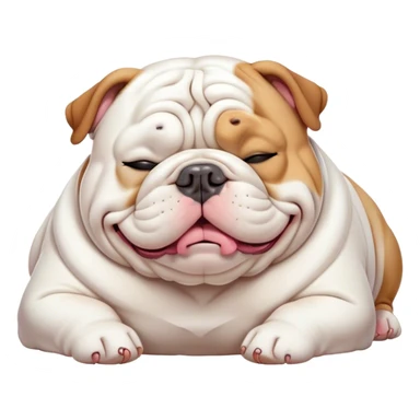 Cinematic Meme-Worthy Chubby Sleeping White English Bulldog Portrait Emoji, Head resting peacefully with a contented smile, showcasing a delightfully chubby build and a luxuriously soft pure white coat, eyes shut in a serene nap, Simplified yet hilariously adorable features, highly detailed, glowing with a soft, drowsy light, high shine, relaxed and utterly lovable, stylized with an air of playful laziness, bright and heartwarming, soft glowing outline, capturing the essence of a comically sleepy guardian, so meme-worthy it feels like it could instantly become the next viral sensation of adorable slumber! sticker