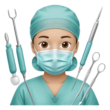 Surgeon in operating room with surgical mask and tools sticker