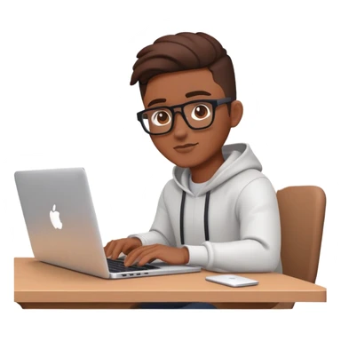 a male designer in brown skin tone workin on mac book with a background have figma,framer,spline 3d logo on background  sticker