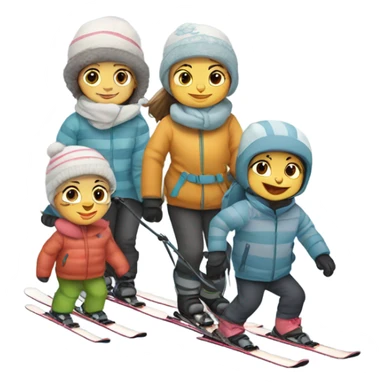 Baby skiing with its family of four, and a grey striped cat sticker