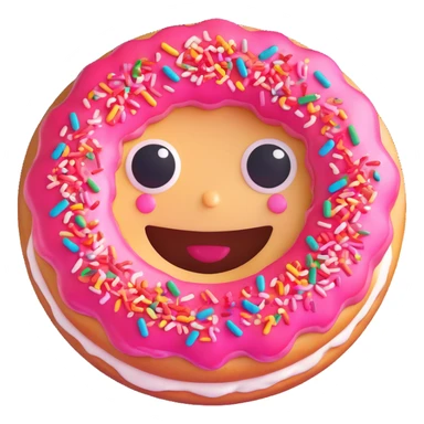 cute and expressive emoji-style face made entirely from a donut, big sparkling eyes, joyful smile, colorful sprinkles, cherry on top, representing happiness and love for sweets sticker