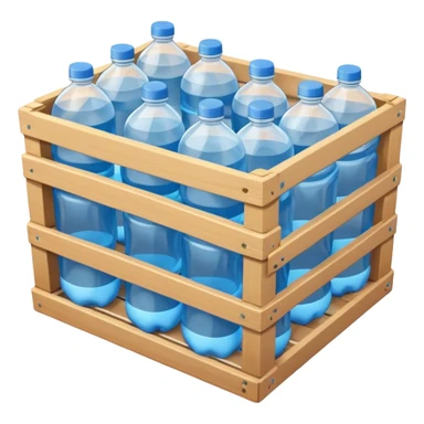 A 3D cartoon crate filled with water bottles, neatly arranged, bright industrial background, smooth reflections, realistic Memoji-style. sticker