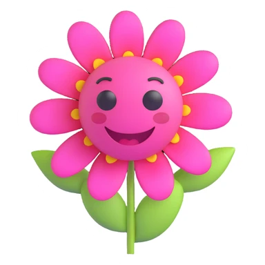 cute pink emoji face catching a flower in its mouth, playful and innocent, sparkling eyes, 3D emoji style sticker