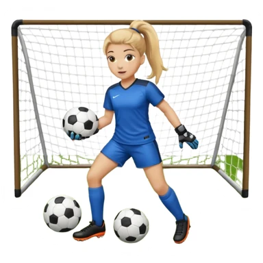 Make a dirty blonde football goalkeeper with goalkeeper gloves on holding a football. The girl is light skinned and wearing a football kit and football shoes. Standing in front of football goal. Wearing a ponytail with the dirty blonde hair. Without a American football ball sticker