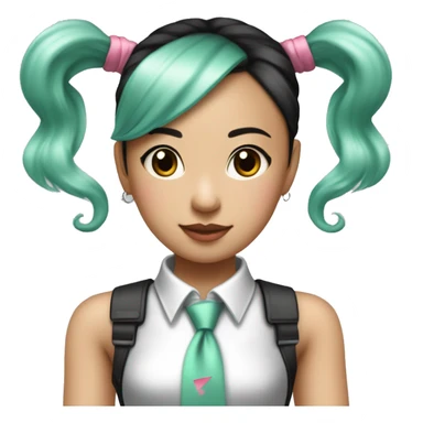 An Asian girl with long mint colored twin ponytail wearing a sleeveless silver shirt, a mint colored tie, and a black flared arm sleeve with a red 01 tattoo on her left arm has a pink square with a black border running through each ponytail sticker