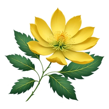 Japanese style Fukujuso (Adonis amurensis) flower in ukiyo-e inspired design, bright golden-yellow petals, green feathery leaves, traditional composition on subtle rice paper texture sticker
