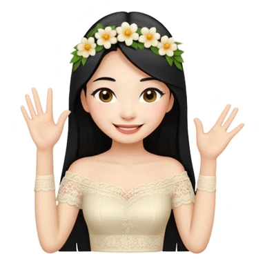 beautiful happy Thai woman with long straight black hair, fair skin, smiling gently while doing Thai greeting gesture (wai), wearing a cream lace off-shoulder blouse, hair decorated with flowers, pastel background, emoji style illustration sticker