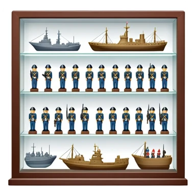 Icon for Miniature Collecting: a collection of finely detailed miniature items such as tiny colorful army of soldiers, ships and accessories, neatly displayed on a shelf or in a display case. The icon should convey the intricacy and charm of collecting miniature objects. Transparent background. sticker