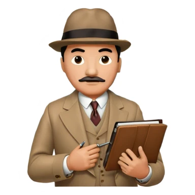 A cinematic-style frame showing Hercule Poirot in his iconic suit with a notebook in a dramatic detective pose. Background should be mysterious city, map, a board with photos of suspects, clues like fingerprints. Transparent background. sticker