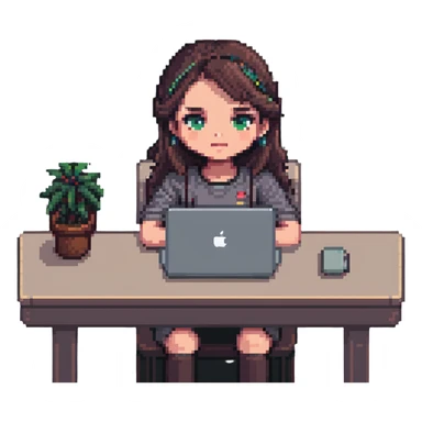 a girl sitting at a desk with a MacBook, focus on face and laptop, pixel art style sticker