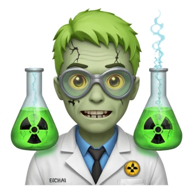 radioactive zombie scientist portrait, head and shoulders only, glowing toxic veins, cracked goggles, lab coat with radiation badge, sinister smile, 3D cartoon, mobile game icon style, clean background, no text, no watermark
 sticker
