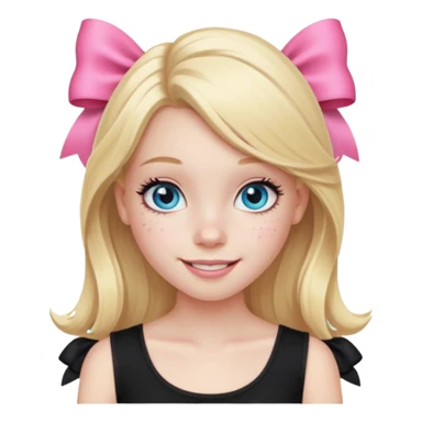 A blonde girl, teen, pale skin, freckles, light blu eyes, lashes, smiling, black top, pink coqquete bow in hair sticker