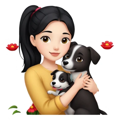 A beautiful girl with black ponytail happily hugs a dog in the flowers sticker