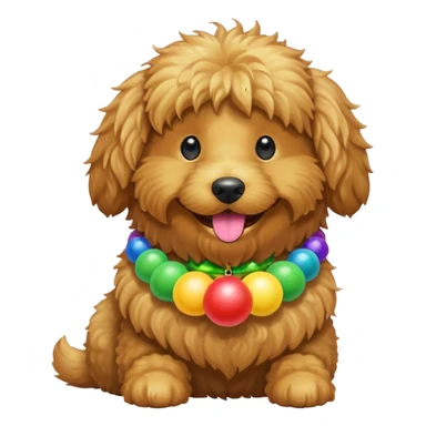 Golden doodle with a rainbow collar and a green ball in its mouth  sticker