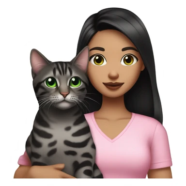Girl with black eyes and black hair, shoulder length straight black hair, wears a Pink blouse outfit, kissing a gray bengal cat with Green eyes sticker