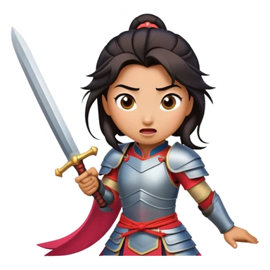 Cinematic Funny Mulan Portrait Emoji, Wearing her training armor too big, looking surprised as a sword nearly topples her over, a mix of warrior determination and hilarious inexperience, a comical yet endearing moment in her transformation! sticker