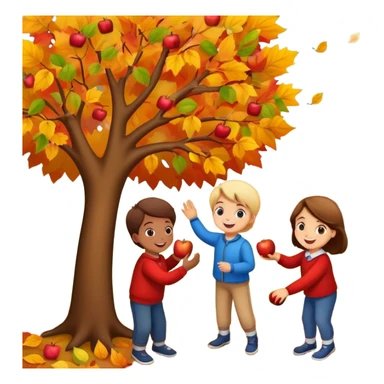 kids picking apples from a tree in autumn, colorful fall leaves, cheerful expressions sticker