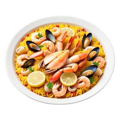 cinematic-realistic-paella-dish-emoji,-depicted-as-a-vibrant,-aromatic-rice-dish-loaded-with-seafood,-chicken,-and-saffron-rendered-with-rich-textures-and-dynamic,-warm-lighting with a lemon slice in the middle sticker
