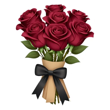 Burgundy bouquet of roses wrapped in beige paper with a black bow sticker