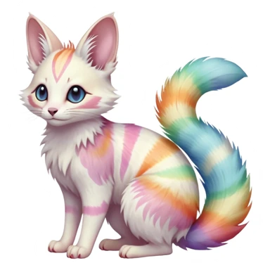  Realistic cute adorable pastel-iridescence-gradients albino fur with random colorful iridescent rainbow markings beautiful elegant pretty precious cute  Fakémon-Pokémon-opossum-feline-serval-caracal-chinchilla-Minccino-hybrid-creature with a big fluffy bushy striped tail (full body) sticker