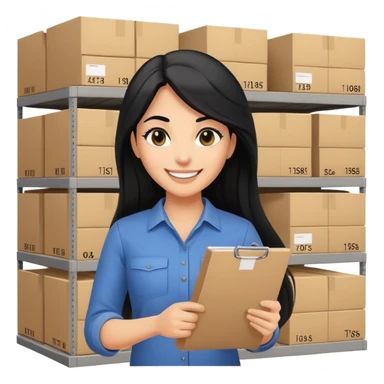A smiling female middle-aged warehouse manager with black eyes and long black hair, holding an inventory list，without background sticker