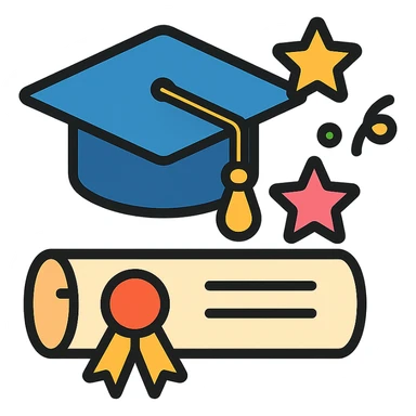 graduation cap and certificate together, celebratory style, colorful and festive color outline icon sticker
