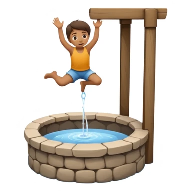 Create a clean emoji-style icon showing a small child falling into a round stone water well. The well must be clearly recognizable: circular stone rim, dark opening. Show the child mid-air, tilted downward above the well with simple motion lines. sticker