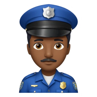 A police officer with dark skin tone, wearing a dark blue police cap with a silver badge in the center, short black hair mostly covered by the cap, large brown eyes, a small black mustache, and a neutral expression. sticker