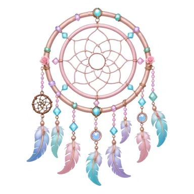 Rosy shiny glossy sparkly romantic pastel crescent damask moon with rose quartz pastel vines pastel gems pastel beads with feathers and chains  suncatcher-dreamcatcher sticker