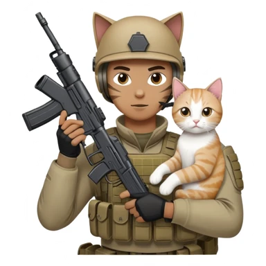 Man in tactical airsoft gear holding a gun in one hand and a white and brown cat in the other hand sticker