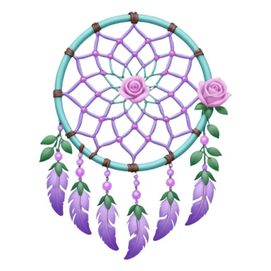 Lavender lilac pastel purple dreamcatcher-suncatcher with lavender flowers and lilac flowers attached, cyan beads, white beads, rose-pink beads, green leaves sticker