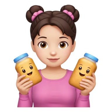 Cute small Toddler emoji with two buns dark brown hair, fair skin, in pink top, holding toddler snacks sticker