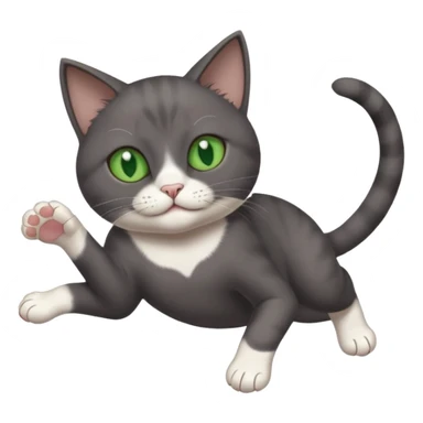 dark grey cat with green eyes, white toes/paws and white patch on her chest playfully rolling upside down sticker