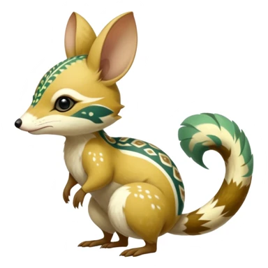 Tropical Exotic Colorful Beige-yellow, Jade-green, white specks, Floral Feathery Numbat-Bilby-Quoll-Furret-Fakémon-furry-fursona-creature (full body) with tribal markings sticker